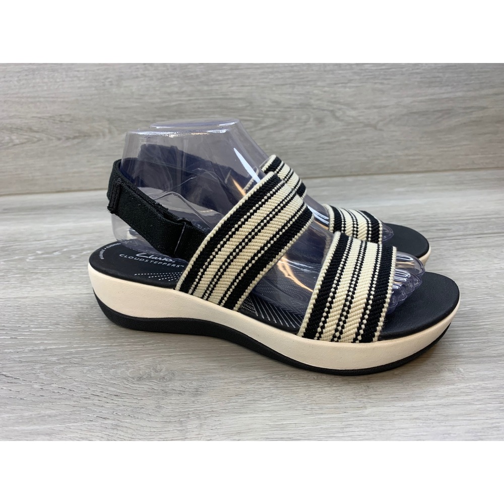Clarks Cloudsteppers Arla Kaylie Black White Stripe Platform Sandals Women's 8